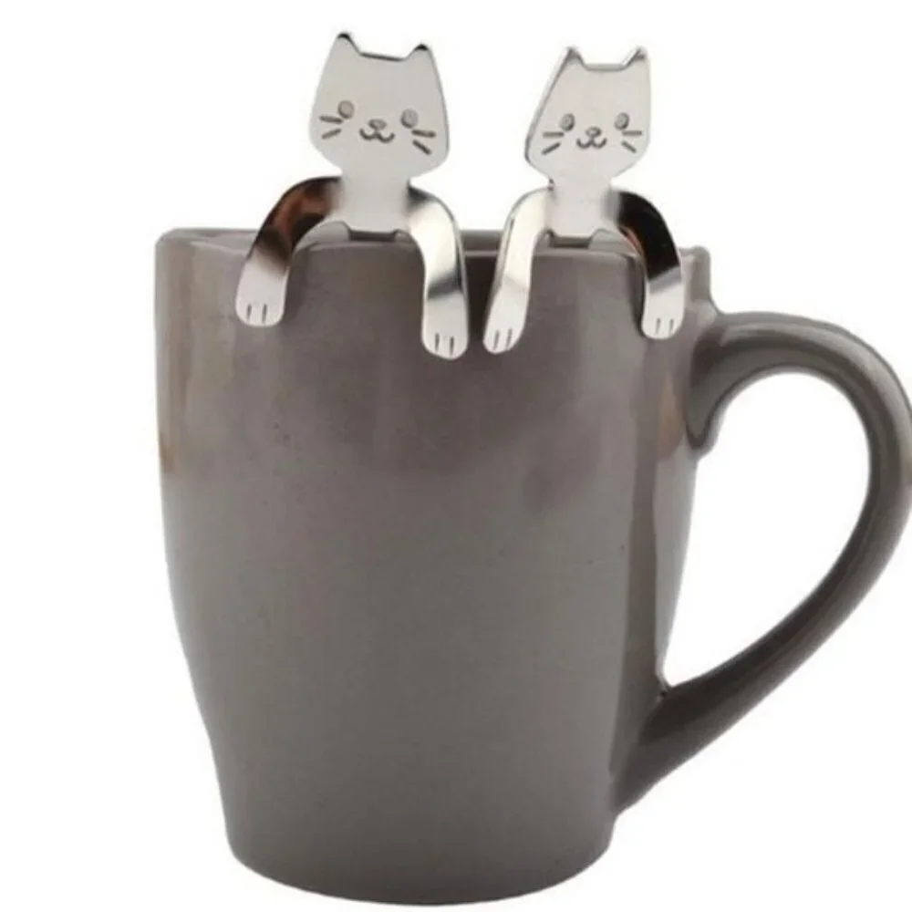 Cat Spoons Tea Spoons Stirrers Cup Hugging Kitty Cats Stainless Steel 2 PC Set